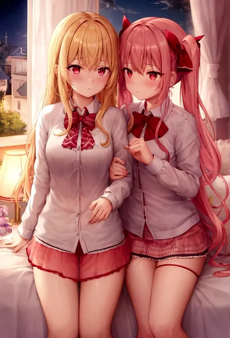 2girls, yuri, lewd touching, blonde hair red eyes, scholar, wallpaper, depth of field, night, light particles, light rays, sidelighting, delicate thighs, open jacket, plug, cloud, panties, ribbons, cute girl, sex, stuffed animals, bedroom, hair accessory, ...