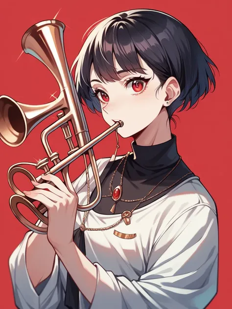 Fraction_9, Fraction_8_up, Fraction_7_up, Fraction_6_up, Fraction_5_up, Fraction_4_up,   r3dgl0w, Red Eyes, Red background, 1 Girl, dark, trumpet