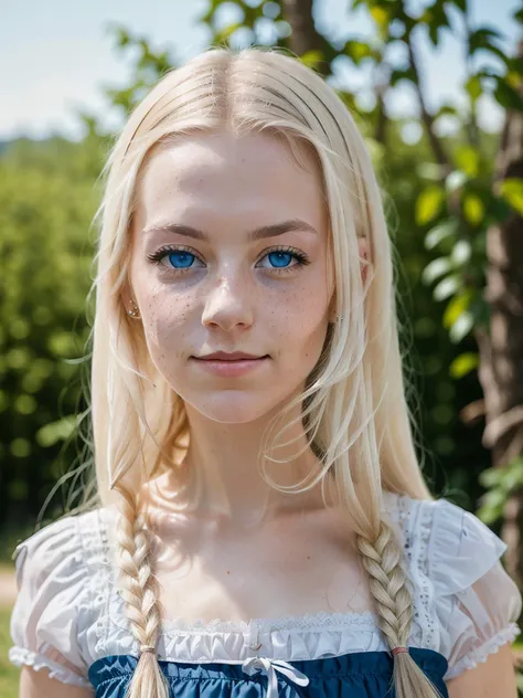 portrait photograph of an austrian woman with a snow-white royal braid and freckles, with a shy smile and beautiful blue eyes in...