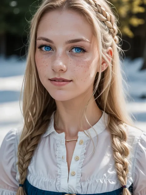 portrait photograph of an austrian woman with a snow-white royal braid and freckles, with a shy smile and beautiful blue eyes in...