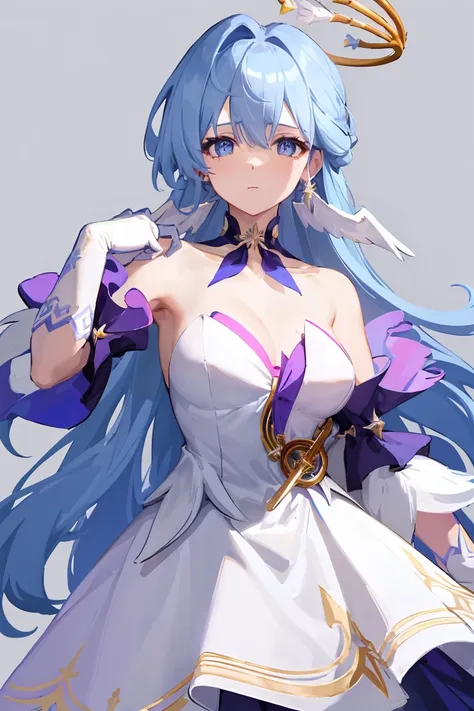 robin,1 girl,(blue hair:1.0),bare shoulders,halo,white gloves,earrings,white dress,off-shoulder dress,head wings,high quality,pu...