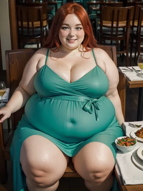 A Happy photo of a young beautiful redhead bbw with soft fat belly, wide fat obese hips, thick fat legs and fat arms, cute pretty face, small breasts, blue eyes, freckles, sitting across a table in an elegant detailed covering green dress on a chair with a...