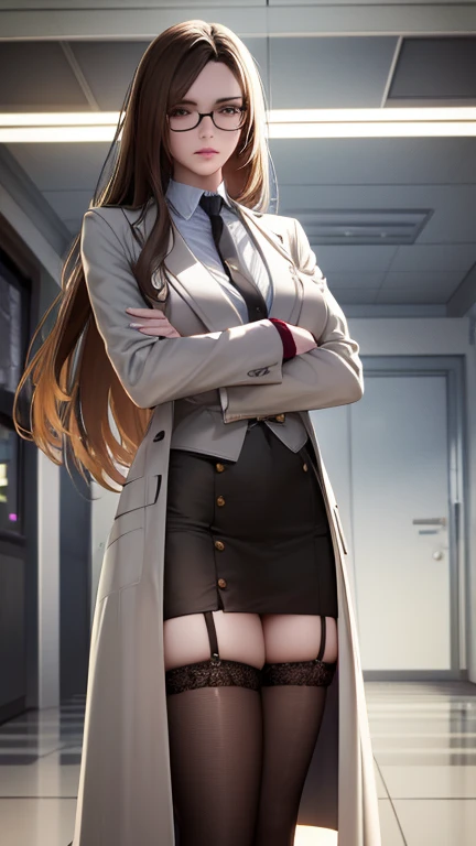 , 1woman, extremely detailed face and hair, long straight brown hair, brown eyes, wearing lab coat, short skirt, black stocking,...