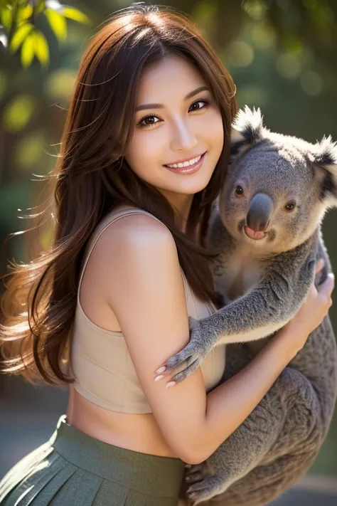 woman hugging a koala in australia:1.5, suits and skirts, dynamic, cinematic photos,(ultra realistic, high resolution), (highly ...