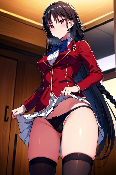 (8k, best quality, masterpiece,ultra detailed, ultra high res:1.3), (nsfw, skirt lift, show panties:1.5), 
1girl, 
long hair, braid, 
black hair, 
red eyes, slant eyes, small eyes, 
blue bow, 
medium breasts, 
red jacket, long sleeves, white skirt, pleated...