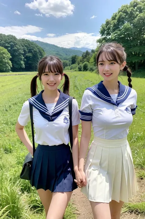 2 girls walking in rural field,train on railway,cumulonimbus cloud in summer blue sky,white sailor shirt,navy blue pleated skirt,student bag,18-year-old,bangs,a little smile,thighs,knees,wet short hair with low pigtails bunches,from beside,front light