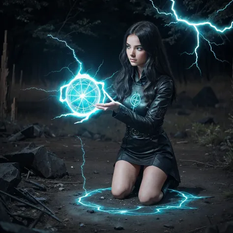 Cryptic girl is casting a spell, wastelands, energy sparks up from the ground and connects to cryptic girl who is making mystic symbols and channeling energy blast
