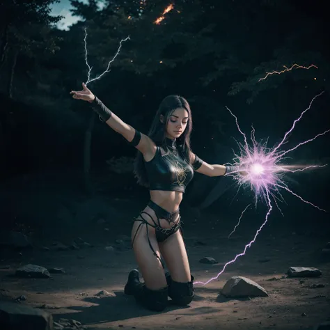 cryptic girl is casting a spell, wastelands, energy sparks up from the ground and connects to cryptic girl who is making mystic ...