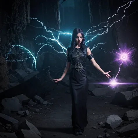 cryptic girl is casting a spell, wastelands, energy sparks up from the ground and connects to cryptic girl who is making mystic ...