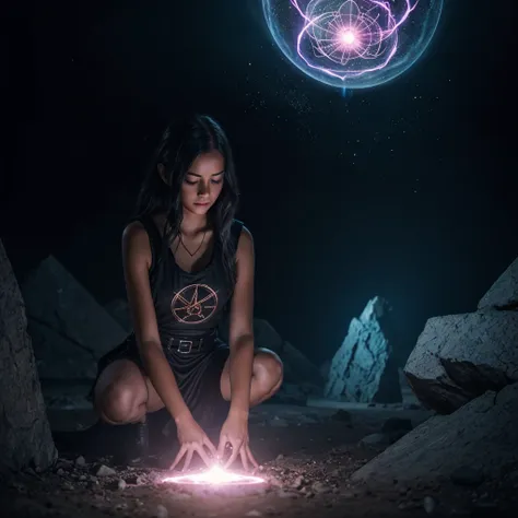 cryptic girl is casting a spell, wastelands, energy sparks up from the ground and connects to cryptic girl who is making mystic ...