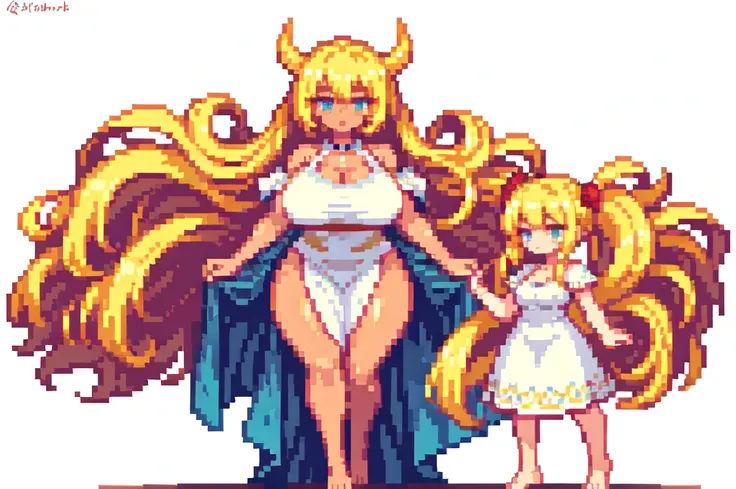 very tall woman,very big woman,gigantic woman,very muscle,{{long legs}},devil,{{muscular}},{{gigantic breasts}} ,{{curvy}},twintails,blonde hair ,white dress,barefoot,brown skin,masterpiece , best quality , pixel art , 1 girl ,{full body},voluptuous,white ...