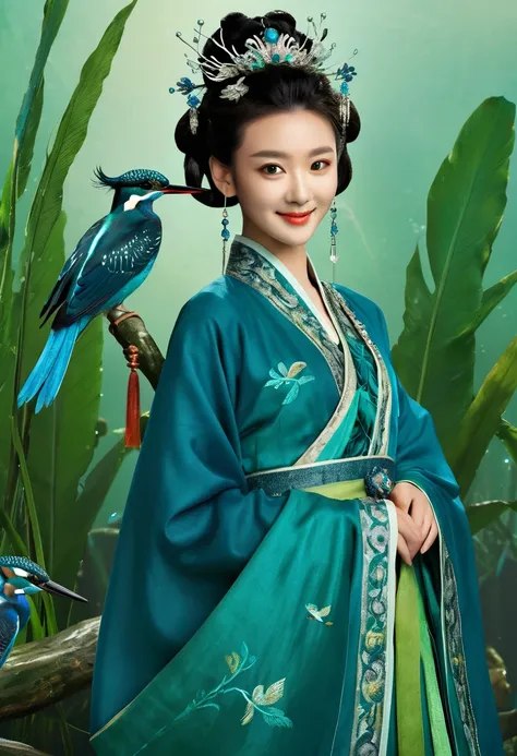 a poster for the chinese movie , featuring an adorable 20 yearold girl dressed in traditional blue and green kingfisher feather ...