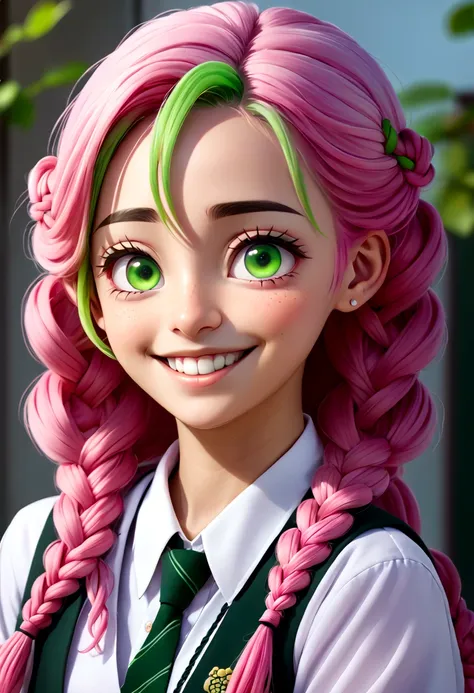 a school uniform with an open chest、pink and green hair gradient、mainly pink hair、smile、mole under both eyes、smile、braids ⓜ arti...