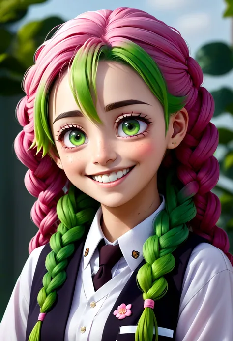 a school uniform with an open chest、pink and green hair gradient、mainly pink hair、smile、mole under both eyes、smile、braids ⓜ arti...