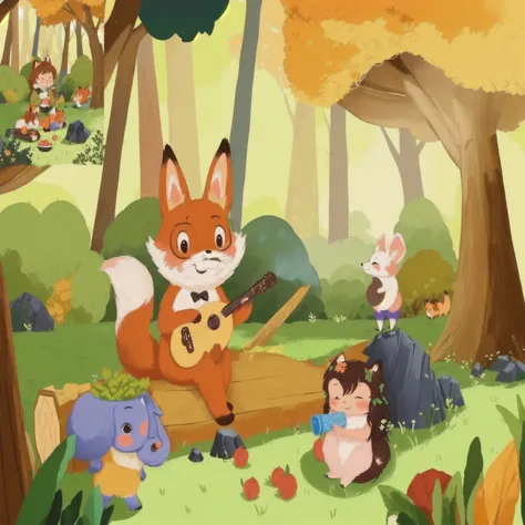 forest，cute fox，picnic，there is only one animal，only a fox，美味picnic点心，picnic布左边的狐狸，forest，blue sky and white clouds，children&#39...