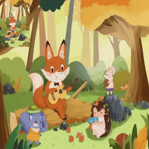 forest，cute fox，picnic，there is only one animal，only a fox，美味picnic点心，picnic布左边的狐狸，forest，blue sky and white clouds，children&#39...