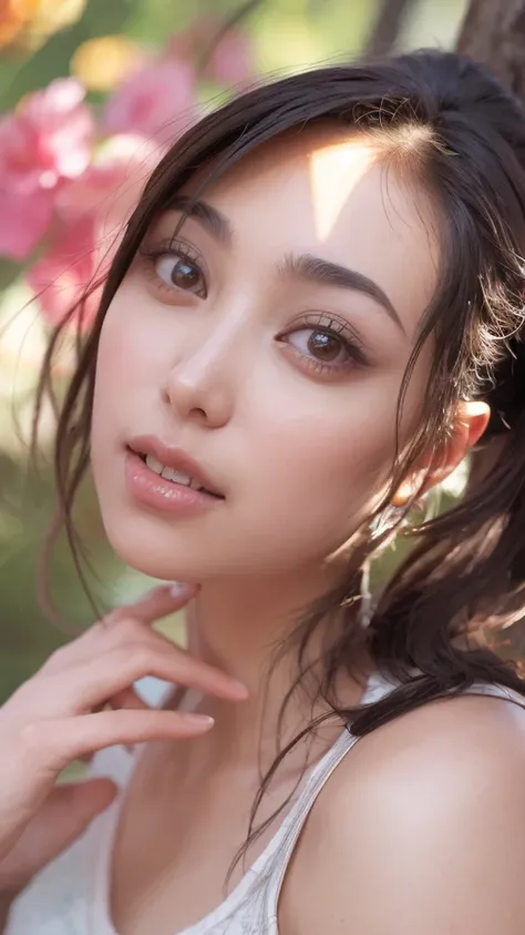 (((Ultra-high resolution、Close-up、Cute Japanese Woman)))、Long, straight black hair frames her face、So that every single hair is clearly visible、Depicts subtle color changes depending on the amount of light hitting the subject、The skin is white and smooth、H...