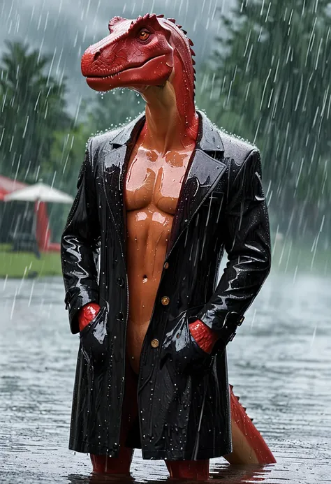 Sexy red dinosaur wearing black trench coat,(No humans),E7E48U，Wet body，rain, Background grassland
