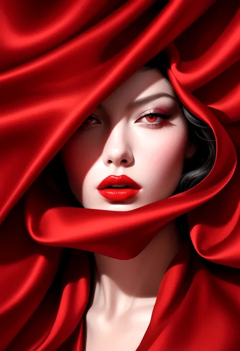 beautiful woman with her eyes covered in red silk, photographed in the style of fashion photographer Hedi Slimane. The background is an abstract composition made entirely of red fabric. Her lips have glossy lipstick on them. --ar 3:4 --s 1000