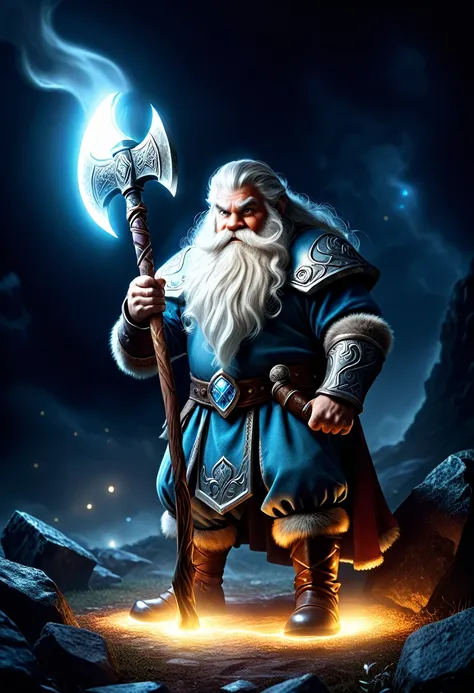 Magic dwarf axe, white glow, blessed by earth, mysterious, fantasy background, professional lighting