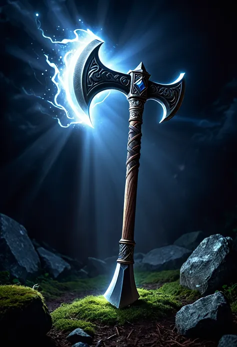 magic dwarf axe, white glow, blessed by earth, mysterious, fantasy background, professional lighting