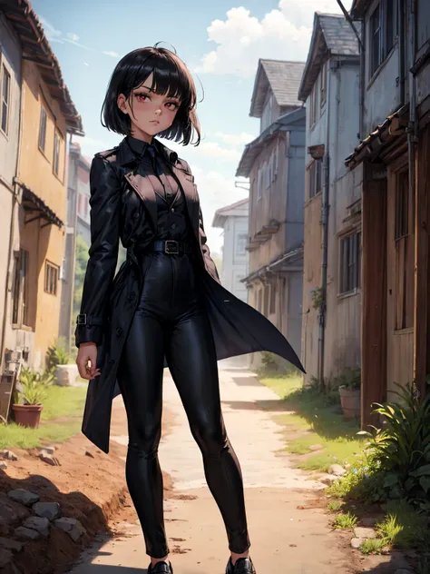 masterpiece, best quality, lineart, anime screencap, sketch, (1girl), black hair, bob cut, bangs, hair swaying from the wind, red eyes, bright pupils, sparkling eyes, (wearing trench coat, black trench coat, black suit, black pants, grey tie, black dress s...