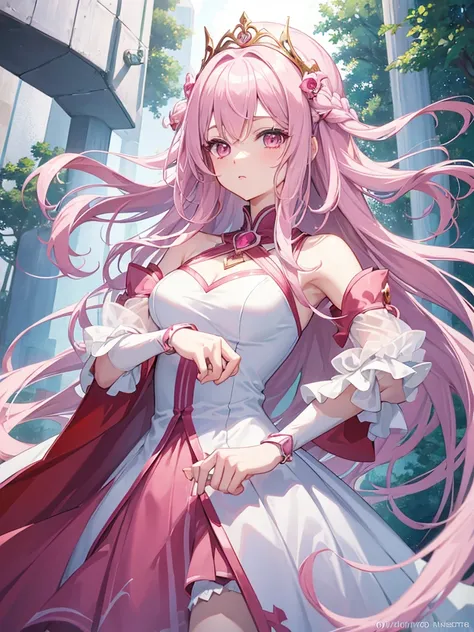 1girl, anime teen girl, pink eyes color, long hair fantasy princess hairstyles, studio anime art style, white princess dress outfit, hair color:#f9c7b1, fun expression smiles, fun smile, fantasy castle king hall, snow white walls, detailed face, detailed h...