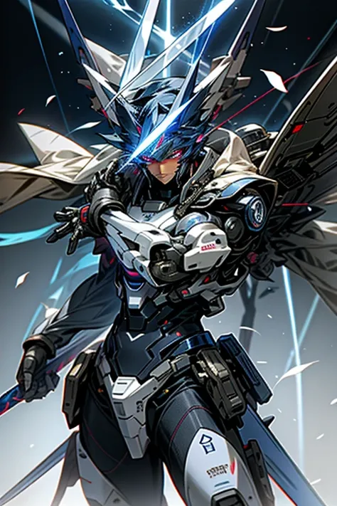 1 boy on his back with a mecha suit on his back with a sword with a blue aura and another sword with a red aura
