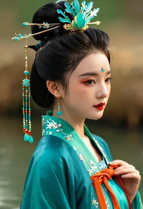 1 girl wearing traditional blue-green kingfisher feather hanfu , wearing exquisite accessories，high bun，wearing a blue-green kin...