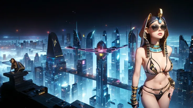 (((a medium-breast bikini slim GIRL with black micro sunglasses))), (((aiming at viewer with a pistol))), a balcony of a futuristic building, aerial view of an ultra-futuristic megalopolis, many metal buildings and houses in dark colors from dark blue to b...