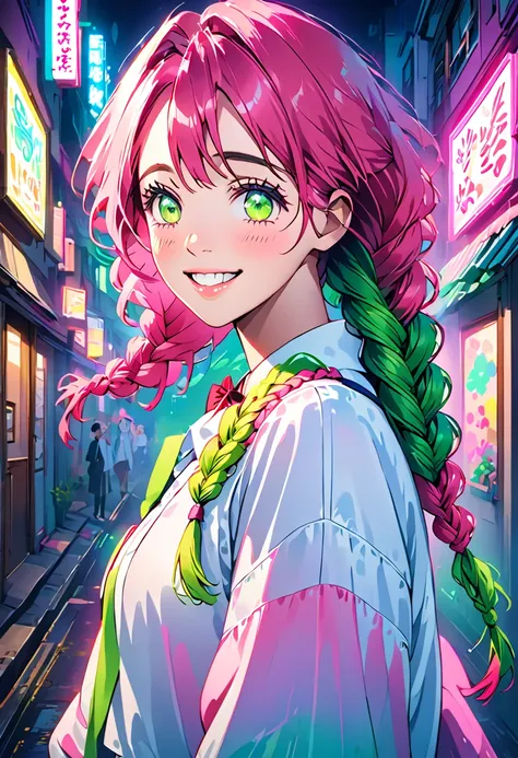 fashion portrait color photography, escape, neon light 、a school uniform with an open chest、pink and green hair gradient、mainly ...