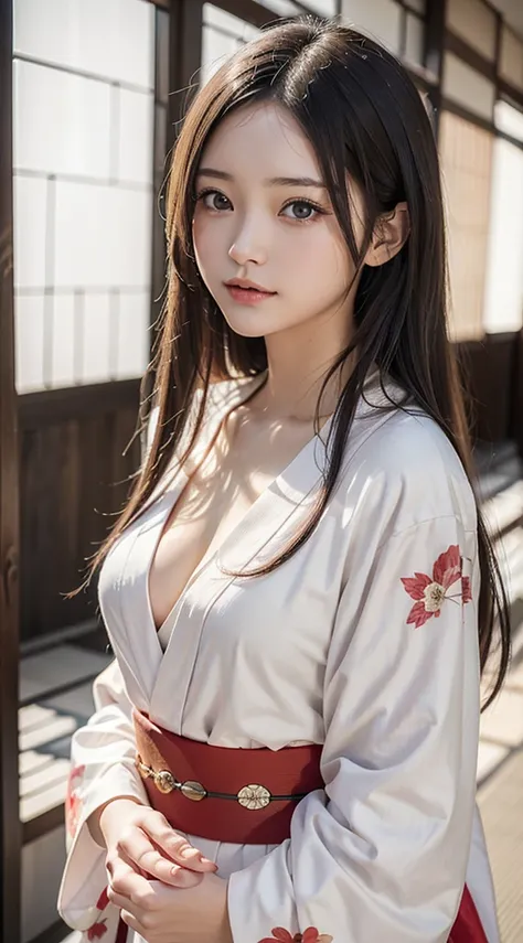 (masutepiece, Best Quality:1.4), Beautiful face, 8K, 85 mm, absurderes, (japanese kimono:1.4), The upper part of the body, cleavage of the breast、Facing the camera、 violaceaess, gardeniass, Delicate girl, Solo, knight, Looking at Viewer, Upper body, Film g...