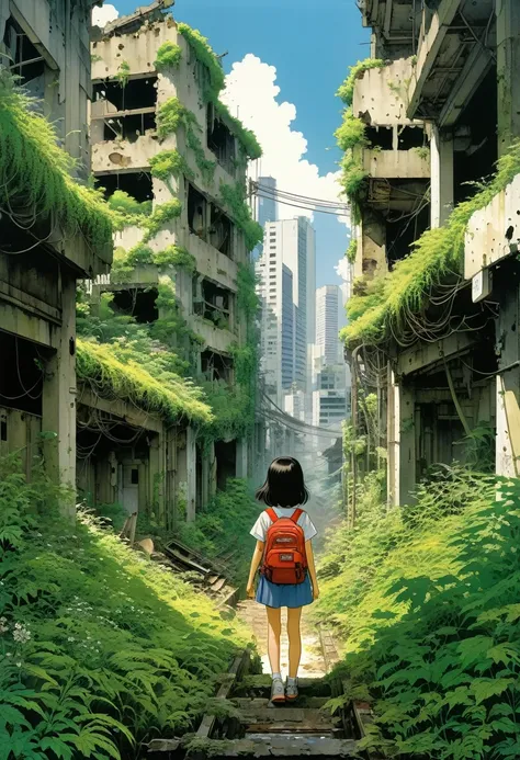 In a Katsuhiro Otomo-esque style, the young girl explores dilapidated ruins, with the crumbling Shibuya and overgrown weeds behind her, as she moves forward cautiously, glancing around her surroundings.