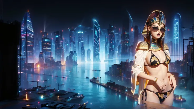 (((a medium-breast bikini slim GIRL with black micro sunglasses))), (((aiming at viewer with a pistol))), a balcony of a futuristic building, aerial view of an ultra-futuristic megalopolis, many metal buildings and houses in dark colors from dark blue to b...