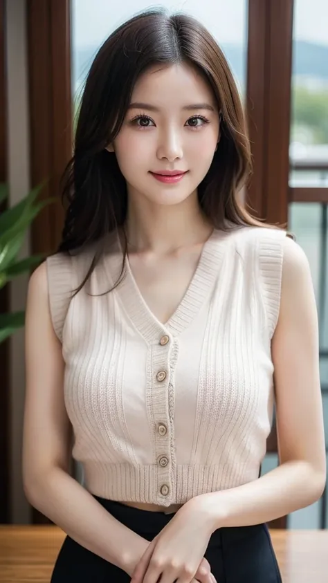 On the table, best quality, Photorealistic, Fine details, high resolution, 8k wallpaper, Perfect dynamic composition, Beautiful and delicate eyes, Medium Length Hair, Full breasts, Casual and sexy pose,Hold your head high and your chest high、(Crew Neck Cro...