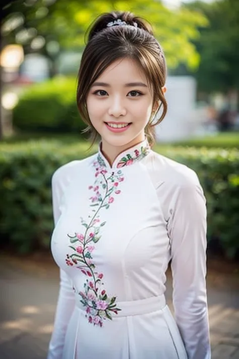 (a gorgeous lady, age 18, Vietnamese traditional dress, she is appreciating nature in Hanoi, natural expression, dimpled smile, cute snaggle-tooth, short hair ponytail, beautiful detailed face, beautiful detailed eyes, ample round bosom, photorealistic, hy...