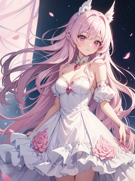 1girl, anime teen girl, pink eyes color, long hair fantasy princess hairstyles, studio anime art style, white princess dress outfit, *hair color #f9c7b1*, fun expression smiles, fun smile, fantasy castle king hall, snow white walls, detailed face, detailed...