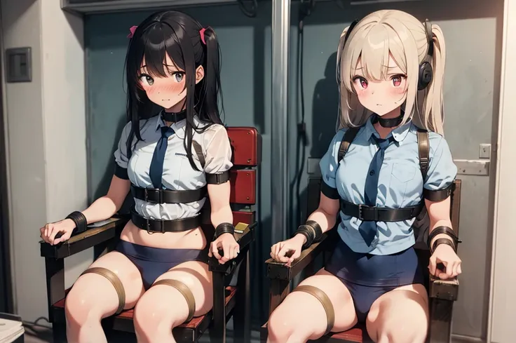 2 girls, ((inside tiny room, strapped to chairs)), (sitting:1.5), (bondage chair:1.5), (blushing:1.5), (open legs:1.5), ((basement, metal room)), (((3 girls, group of girls))), (inside torture room), arms to sides , wrist cuffs, ankle cuffs, (((shocked exp...