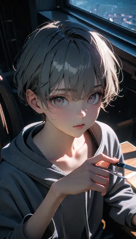 (8K, RAW photos, best quality, masterpiece: 1.4), (((The boy sits at the desk)))，Ultra-high resolution, Extremely detailed, light, Close-up of face, handsome boy, black eyes, (delicate eyes, Eyes are bright:1.2), Gray short hair, Fair skin,dark, Grey sweat...