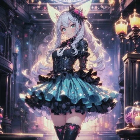 Star Fairy、score_9, score_8_superior, score_7_superior, sauce_anime,masterpiece, Highest quality, High resolution, Highly detailed CG, Absurd, One girl, alone, Cool girl in gothic lolita outfit posing in palace, mini skirt, Frills, 黒 and blue outfit,((smil...