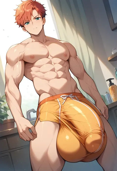 (score_9,score_8_up,score_7_up,score_6_up,score_5_up,score_4_up, source_anime), 8k, best quality, best lighting, BREAK, 1boy is 17 yo, muscled, topless, tight male underwear, ((veiny arms: 1.3)), ((extremely super huge and thick and long and long and long ...