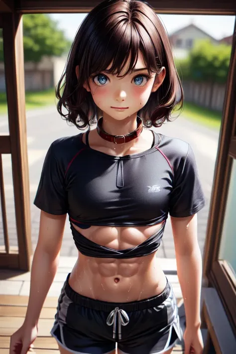 ((Medium Chest, Tomboy, Small Head), (cut abs: 1.1), (Short Wavy Hair: 1.2), auburn, collar, Lock, whole body, Good results, Sweat, Femboy, cover ( Shorts), (Highly detailed CG 8K wallpaper), (Very delicate and beautiful), (Highest quality: 1.0), (super Hi...