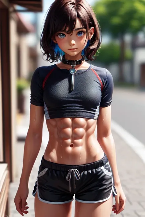 ((Medium Chest, Tomboy, Small Head), (cut abs: 1.1), (Short Wavy Hair: 1.2), auburn, collar, Lock, whole body, Good results, Sweat, Femboy, cover ( Shorts), (Highly detailed CG 8K wallpaper), (Very delicate and beautiful), (Highest quality: 1.0), (super Hi...