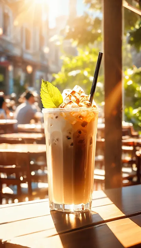 june heatwave，beautiful girl taking refuge in the cafe，there is a cup of ice coffee on the wooden table(looking out the window.t...