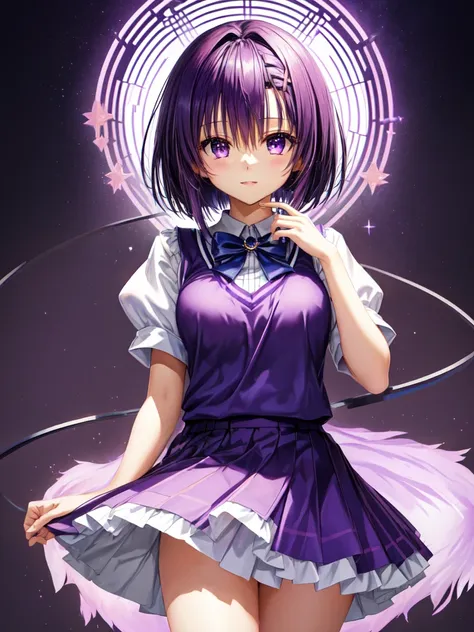 hanasosuzu,standing,dark puple fluffy hair,dark purple eyes,short hair,uniform,shirt,skirt