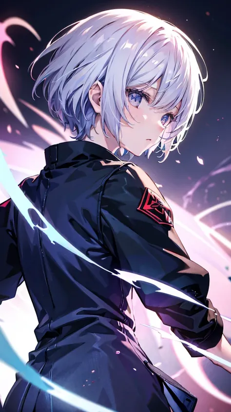 profile background, anime girl, serious face, fringe, short white hair, eyes purple, student clothing, high-res portrait, detailed eyes and face, character, fantasy, with a blue dragon behind, advanced urban, looking from behind at viewer, 4K, high resolut...