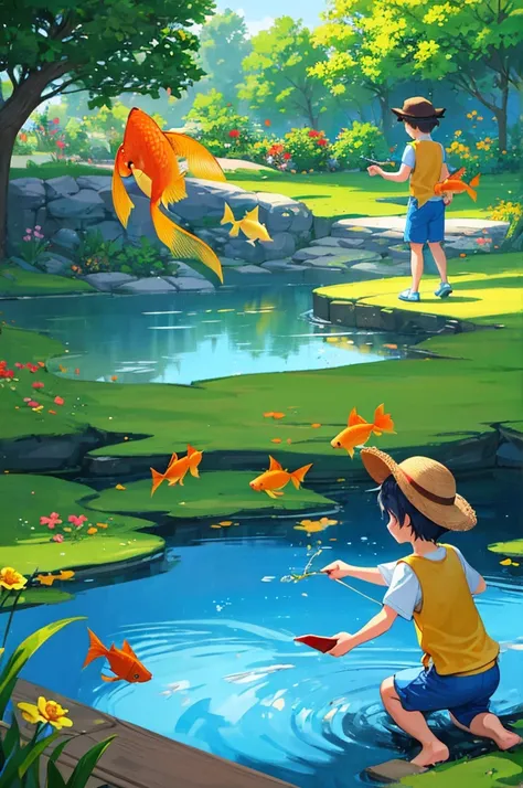 Two lively little boys，They all wore straw hats，Wear casual clothing。A boy wearing a blue shirt and matching shorts，The other was wearing a red top and shorts.，The two of them were playing happily beside the clear pond.。They squatted by the water，Holding a...