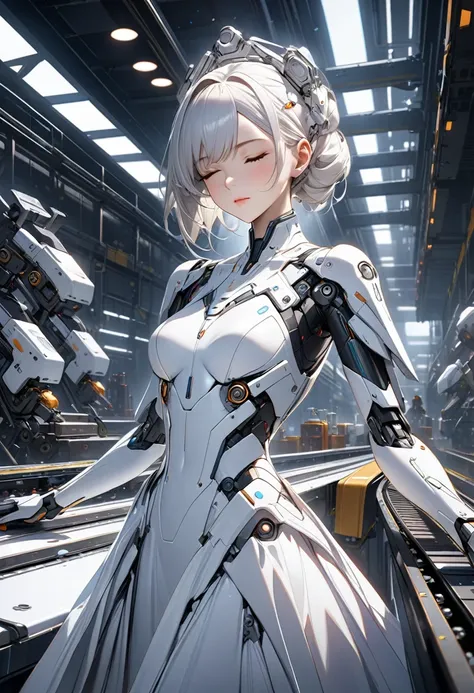 a detailed futuristic android woman in a white wedding dress on a conveyor belt production line, beautiful detailed face, eyes closed, many similar android women on the conveyor belt, cold white interior factory, laboratory-like structure, cinematic lighti...