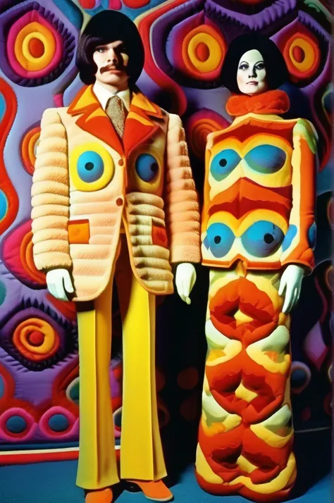 victor moscoso style - young husband and wife musical duo, felt embroidered fuzzy organic patterns quilted formal wear, 1977