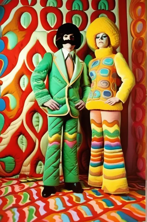 victor moscoso style - young husband and wife musical duo, felt embroidered fuzzy organic patterns quilted formal wear, 1977